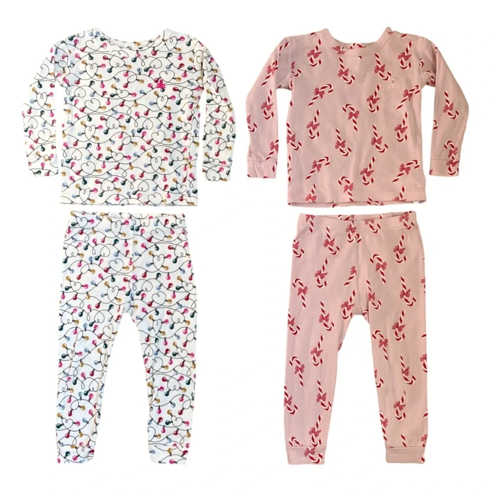 2x BABY GAP Holiday Organic Cotton Pajama Sets SZ 2 Candy Canes Lights Christmas